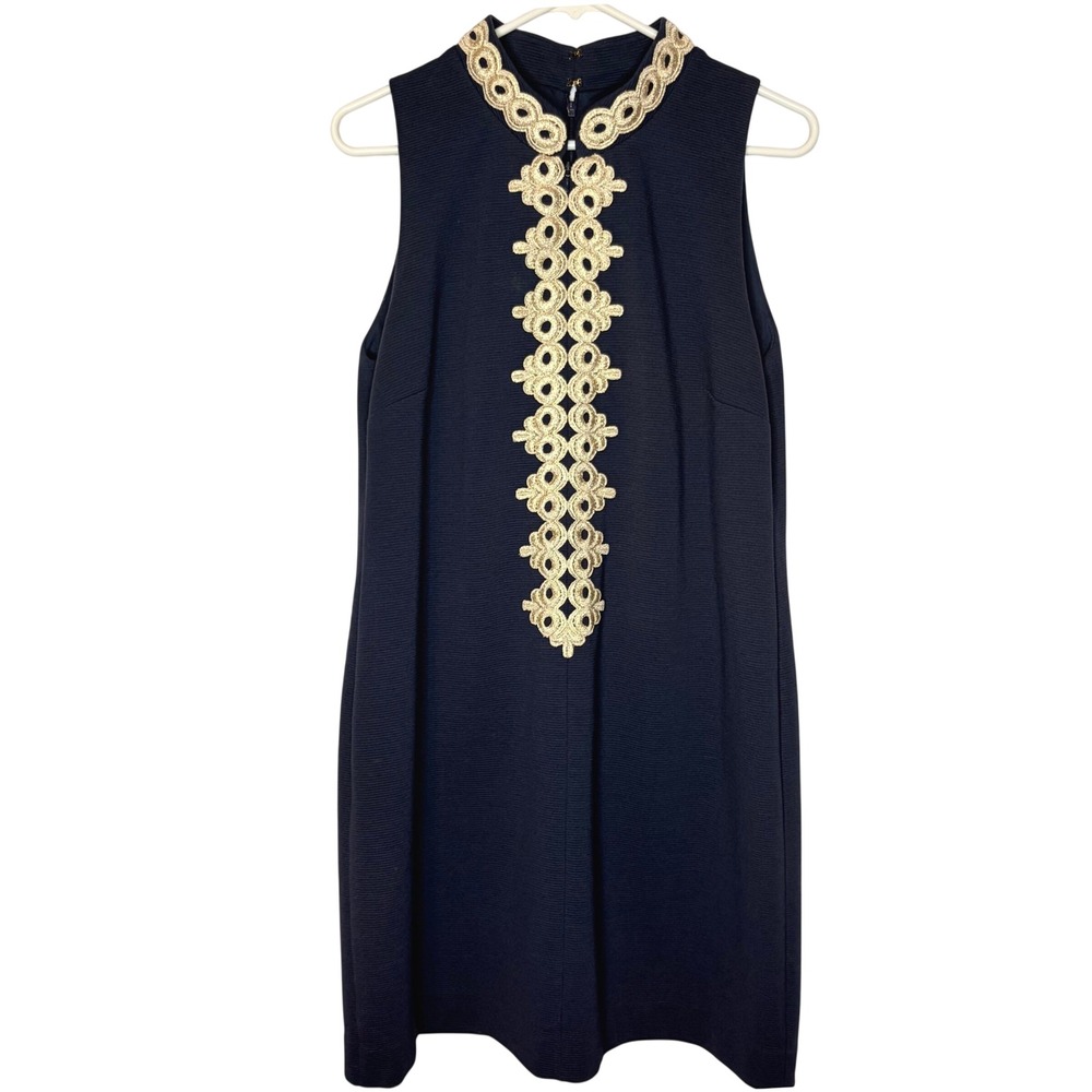 Lilly Pulitzer Dress XL Preppy Navy Gold Soutache Embroidered Sleeveless Shift